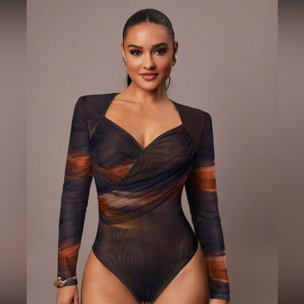 Long-Sleeve Abstract Print Bodysuit - Black & Brown